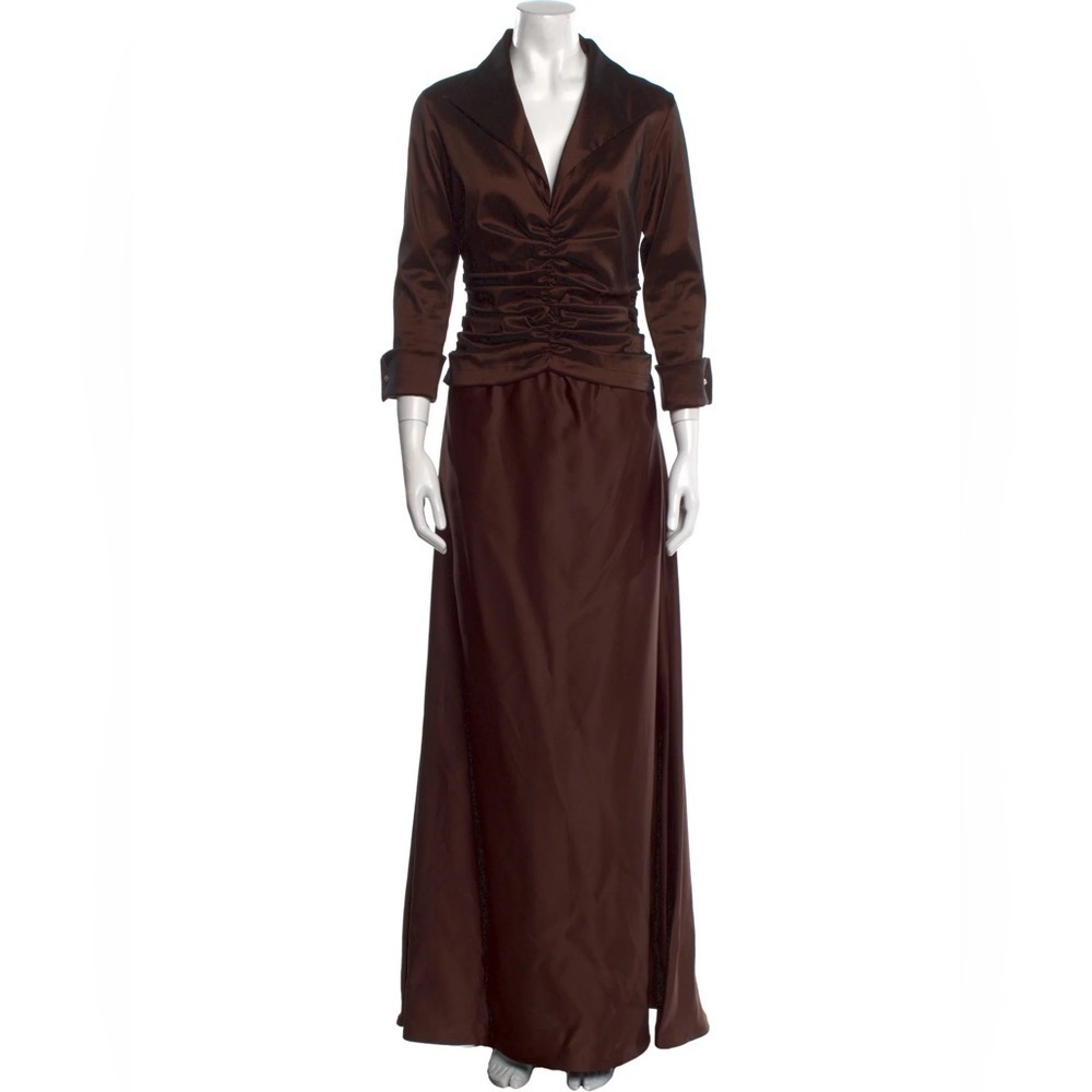 Tadashi Brown Evening Gown Maxi Dress Satin Long Sleeve Wedding MOTB 12 Party‎